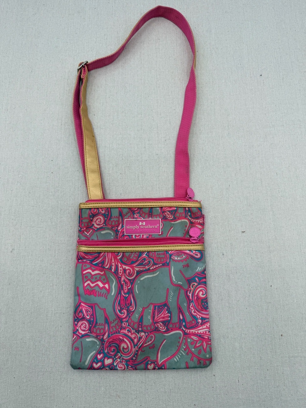 Simply Southern Pink & Gray Elephant Pattern Crossbody Bag with Gold Trim